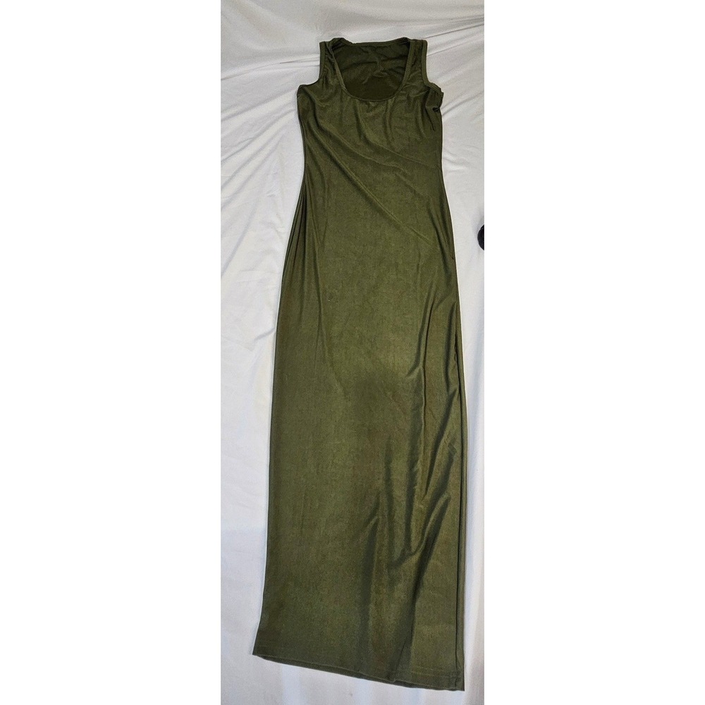 Olive Green Sleeveless Scoop Neck Bodycon Maxi Dress‎ Stretch Minimalist 54.5" L
